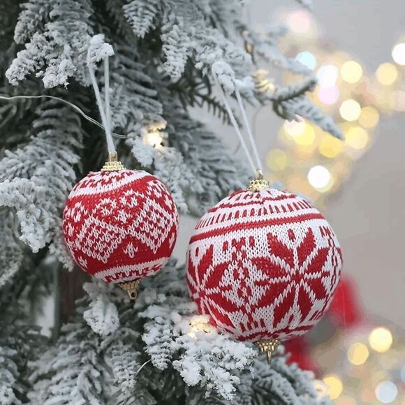 Brand New Red and White Snowflake Knitted Fabric Christmas Ball Ornament Hanging - Picture 2 of 2